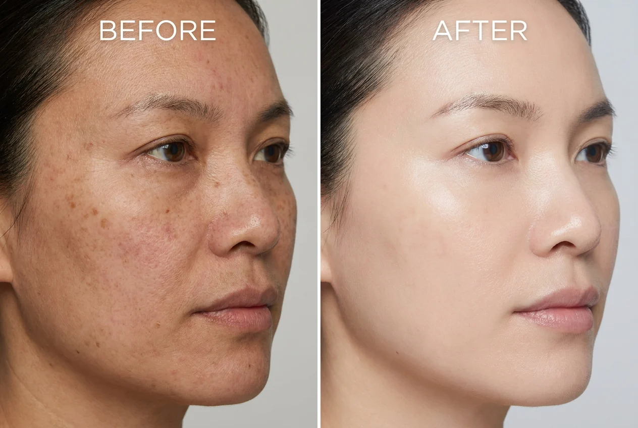 Minh họa sự cải thiện rõ rệt của làn da: các vết thâm mờ đi và tông da trở nên trắng sáng, đều màu hơn sau một thời gian sử dụng.