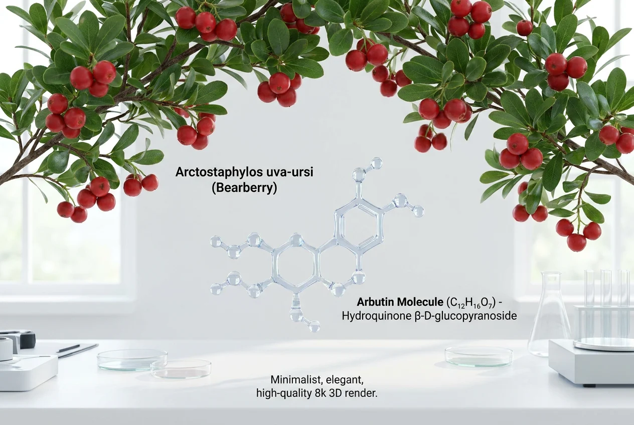 Hình ảnh minh họa về quả dâu gấu (Bearberry) - nguồn chiết xuất tự nhiên của Arbutin cùng mô phỏng cấu trúc phân tử.
